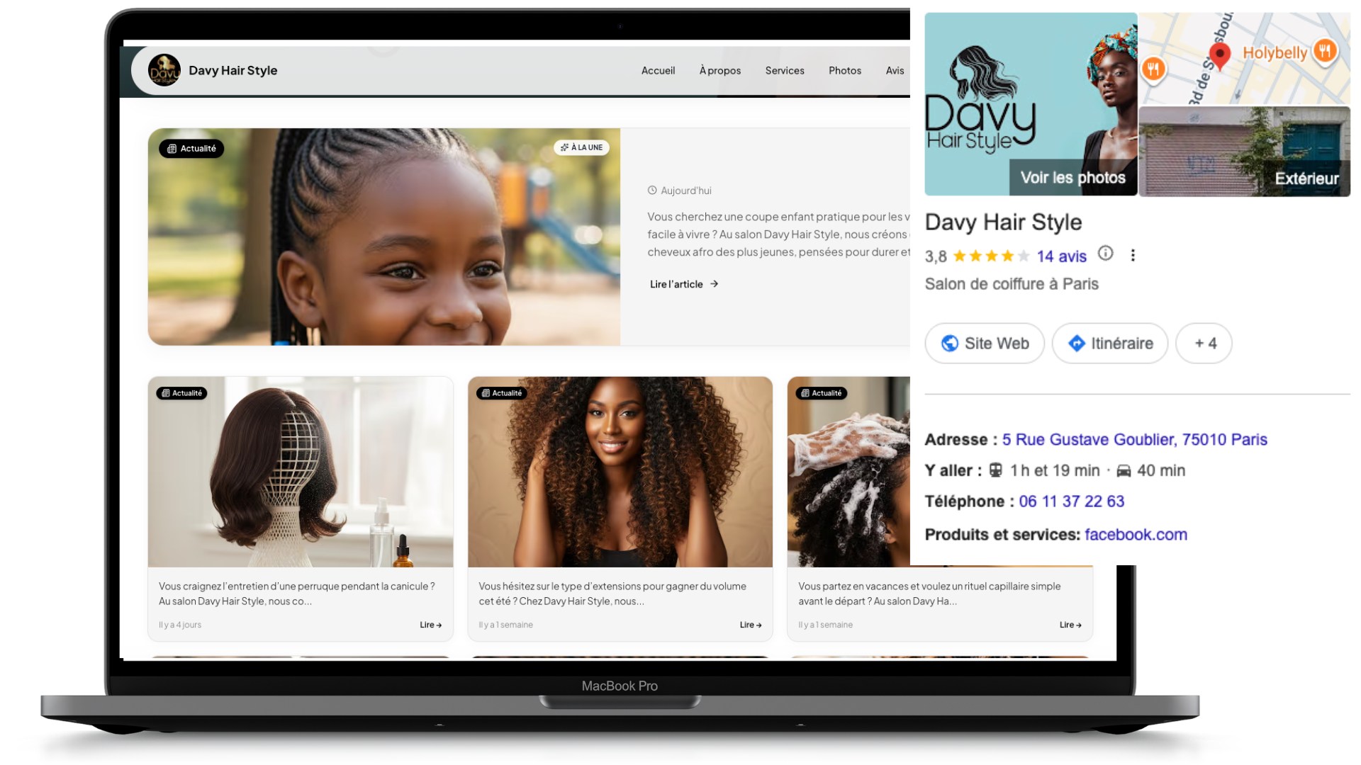 Site Smart Google et fiche Google de Davy Hair Style, salon de coiffure à Paris