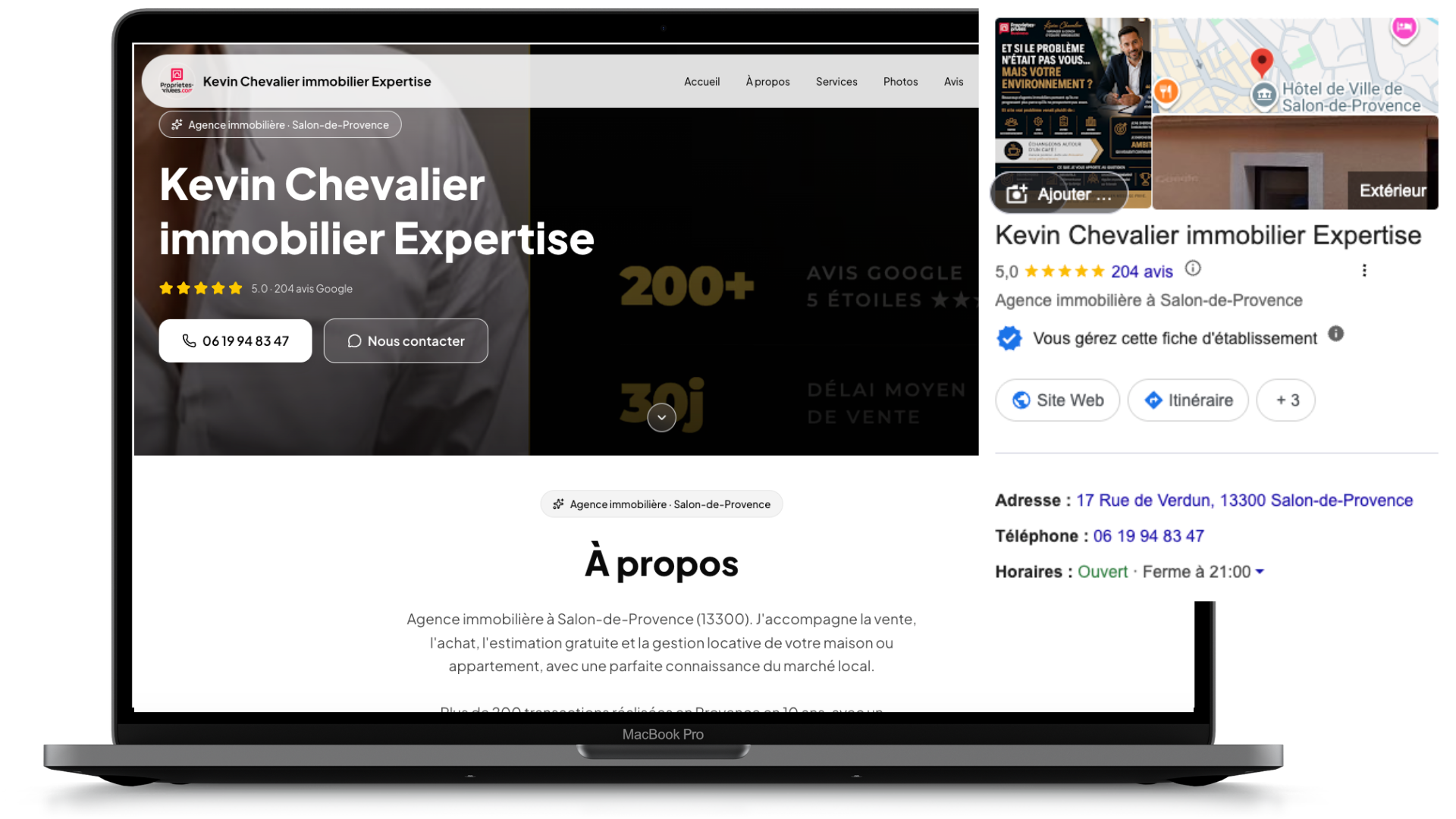 Site Smart Google et fiche Google de Kevin Chevalier, agence immobilière à Salon-de-Provence